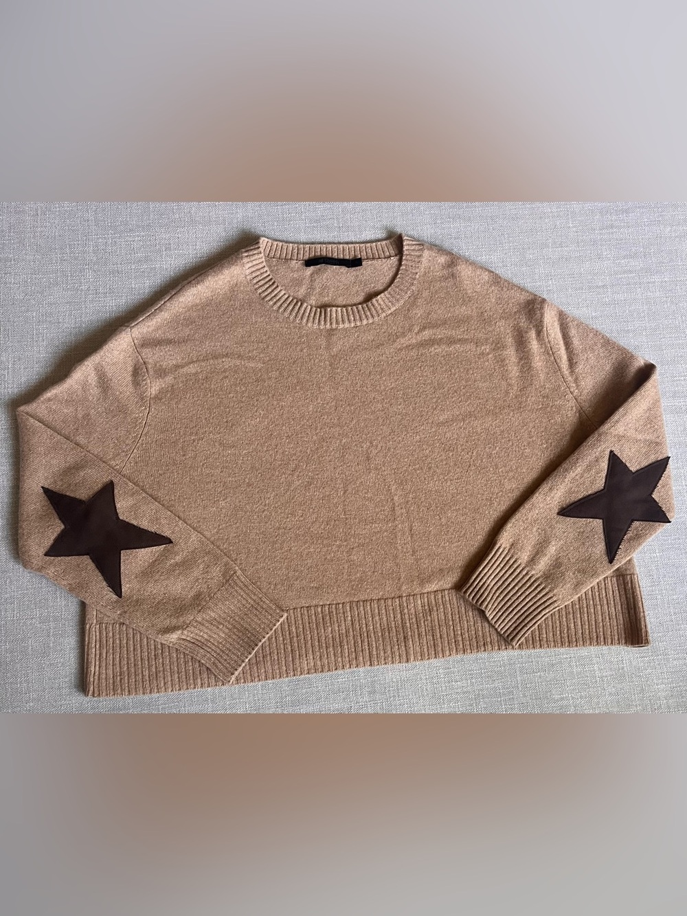 Raffi 100% Cashmere Camel Boxy Crewneck Sweater w Zadig Style Star Elbow Patches